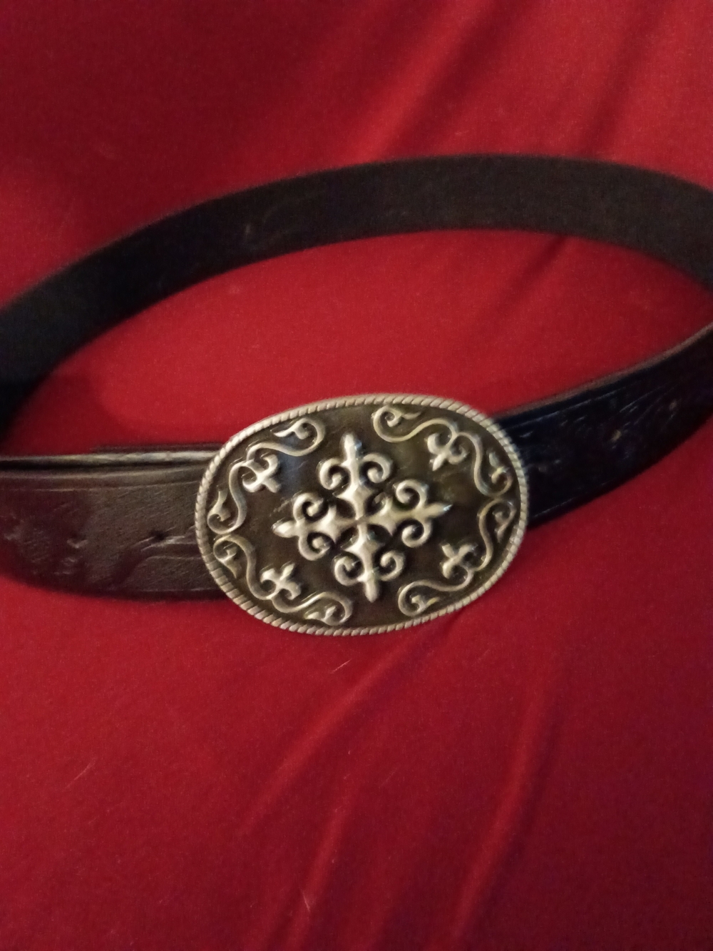 Classic Black Leather Belt with Ornate Silver-Tone Buckle - Women's Accessories